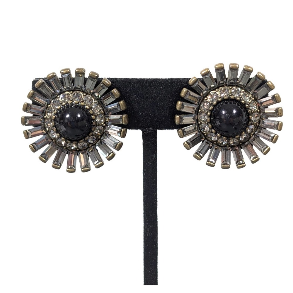 Bronze Tone Black‎ Cabohcon Baguette Rhinestone Round Clip Earrings Starburst
